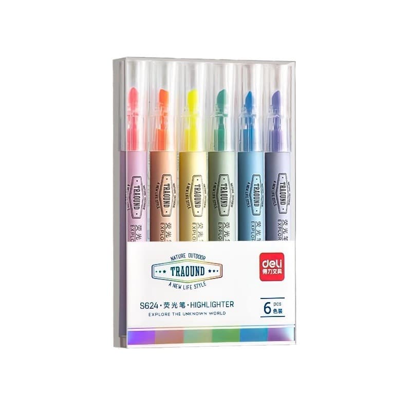 Deli fluorescent marker pen for students to use to mark the key notes, fluorescent pen, large-capacity light-color handbook 6