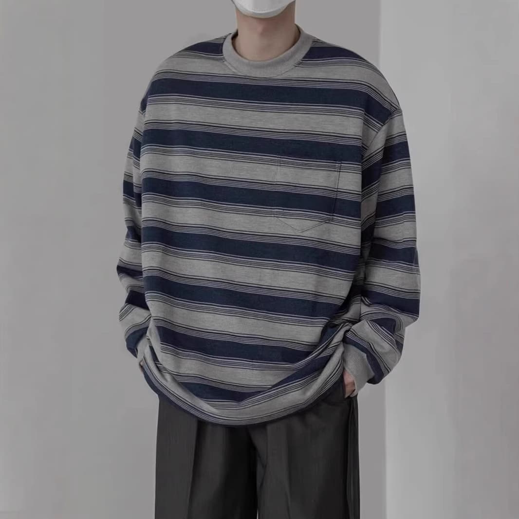 Washed distressed long-sleeved sea soul shirt for boys and girls, inner T-shirt, spring and autumn round neck bottoming shirt, striped workwear sweatshirt, trendy 5