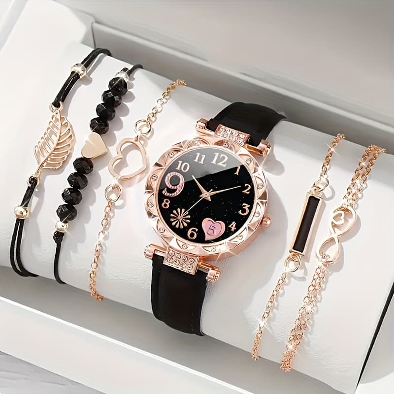 Popular foreign trade ladies' diamond-encrusted British watch set, fashionable and versatile student belt bracelet 6-piece set 2