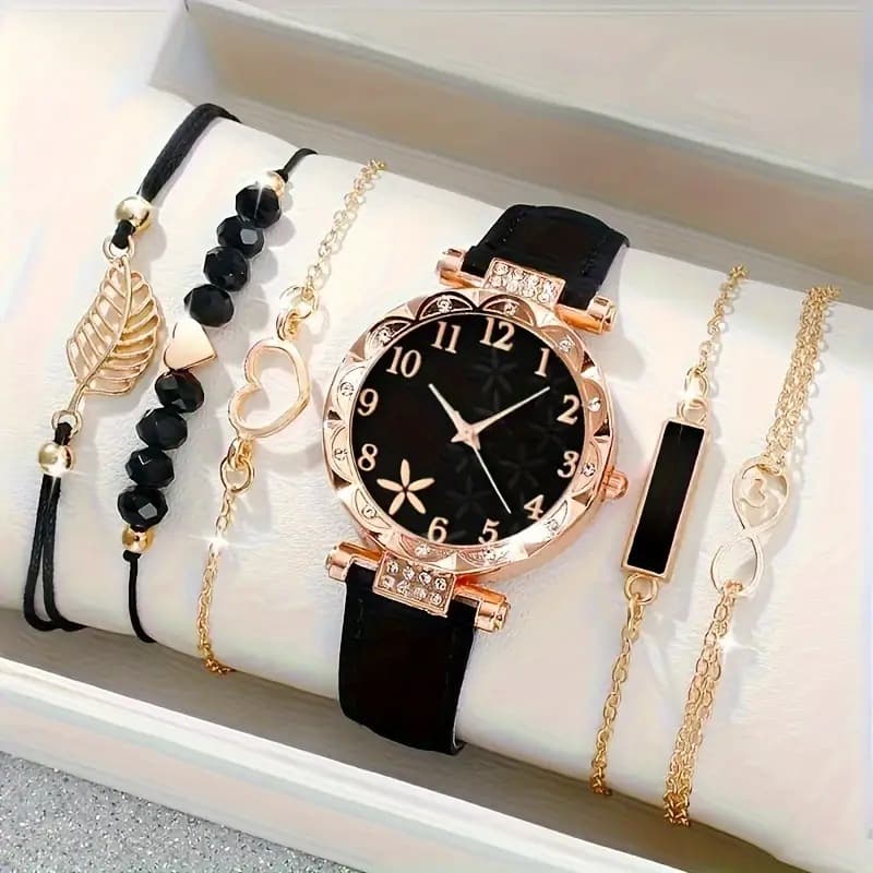 Popular foreign trade ladies' diamond-encrusted British watch set, fashionable and versatile student belt bracelet 6-piece set 3
