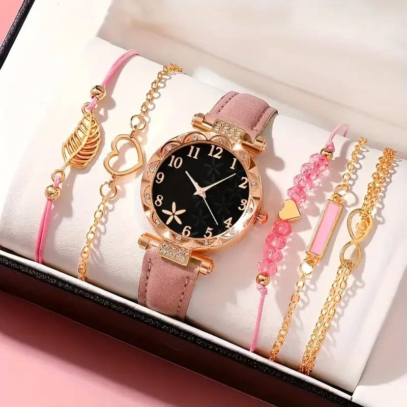 Popular foreign trade ladies' diamond-encrusted British watch set, fashionable and versatile student belt bracelet 6-piece set 10