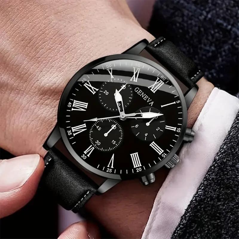GENEVA men's belt watch ultra-thin simple business watch set men's one piece drop shipping cross-border hot sale 3