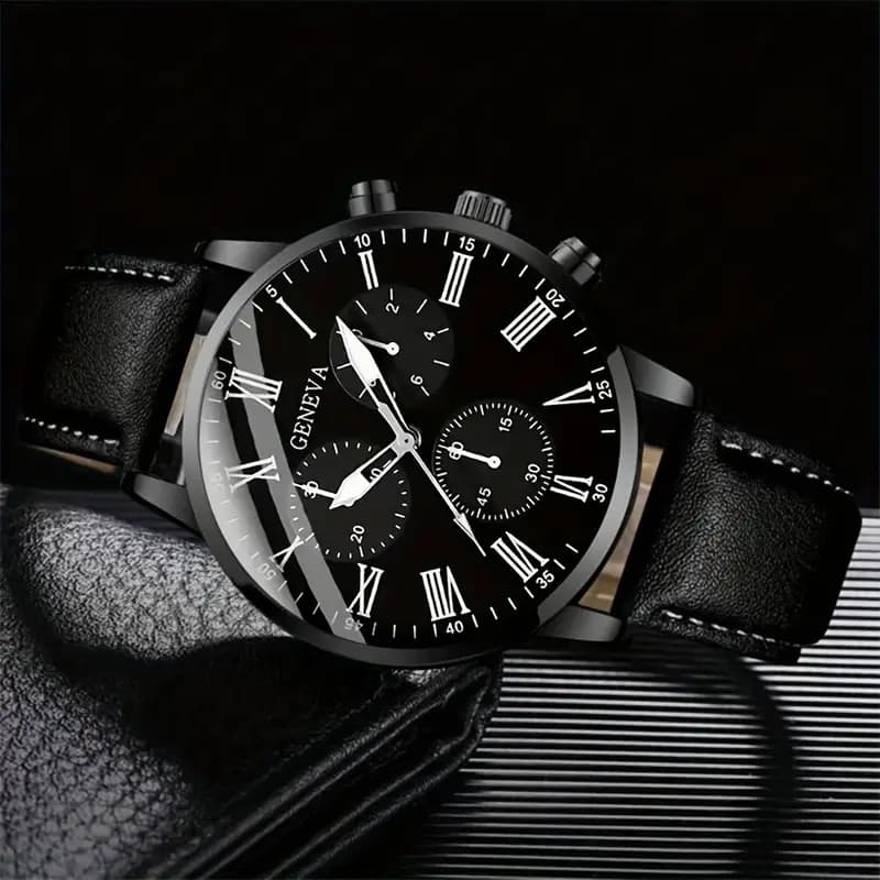 GENEVA men's belt watch ultra-thin simple business watch set men's one piece drop shipping cross-border hot sale 5