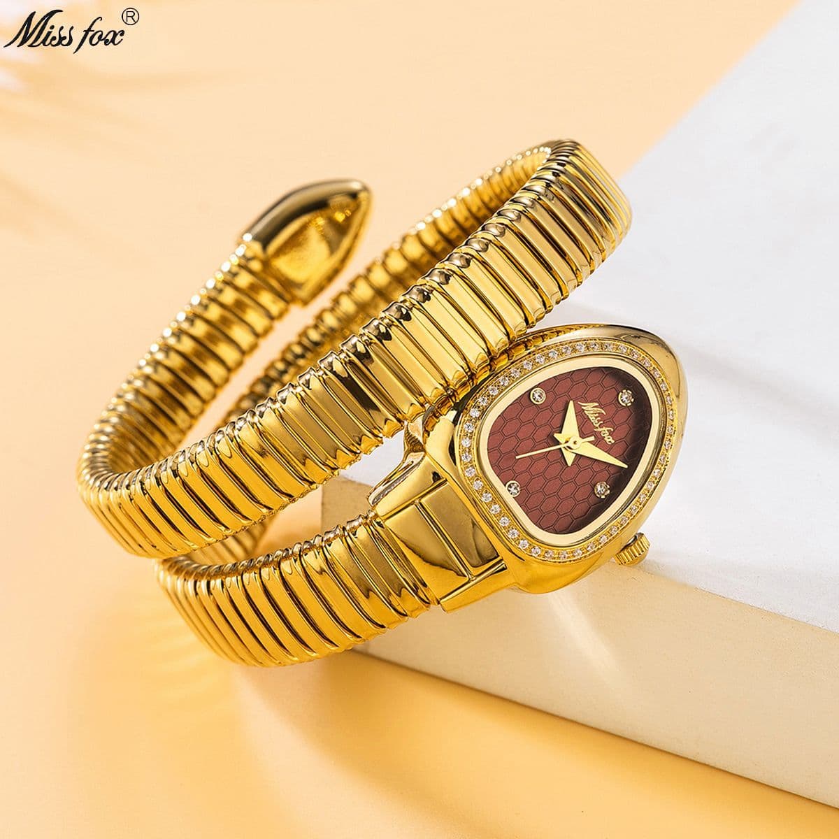 MISSFOX watch, new fashionable and elegant high-end snake head inlaid with diamond gold snake-shaped winding ladies watch 4