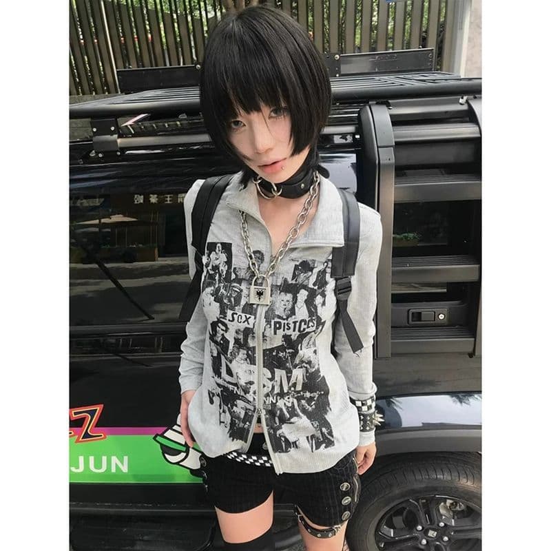 American retro sweatshirt cardigan for women early autumn punk long-sleeved T-shirt slim vintage subculture zipper top 3