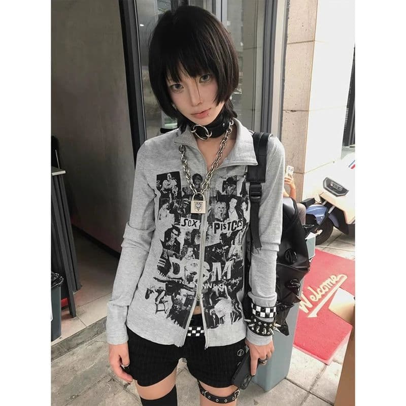 American retro sweatshirt cardigan for women early autumn punk long-sleeved T-shirt slim vintage subculture zipper top 4