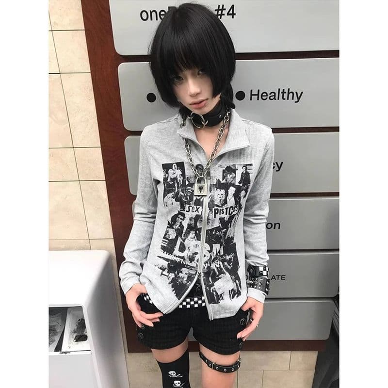 American retro sweatshirt cardigan for women early autumn punk long-sleeved T-shirt slim vintage subculture zipper top 5