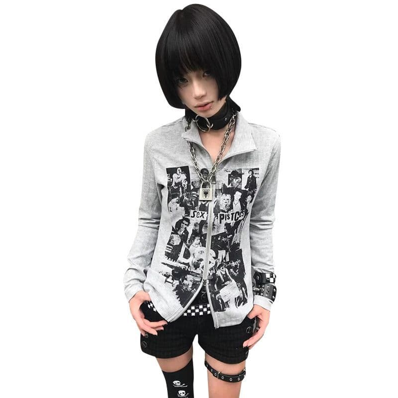 American retro sweatshirt cardigan for women early autumn punk long-sleeved T-shirt slim vintage subculture zipper top 6