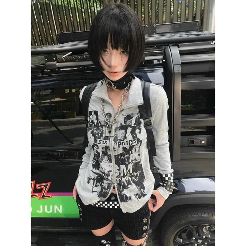 American retro sweatshirt cardigan for women early autumn punk long-sleeved T-shirt slim vintage subculture zipper top
