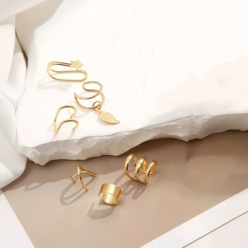 B004 European and American 6-piece set of rhinestone leaves hollow non-perforated cartilage earrings fashion earrings set of ear clips 4