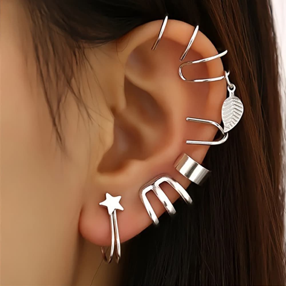 B004 European and American 6-piece set of rhinestone leaves hollow non-perforated cartilage earrings fashion earrings set of ear clips 8