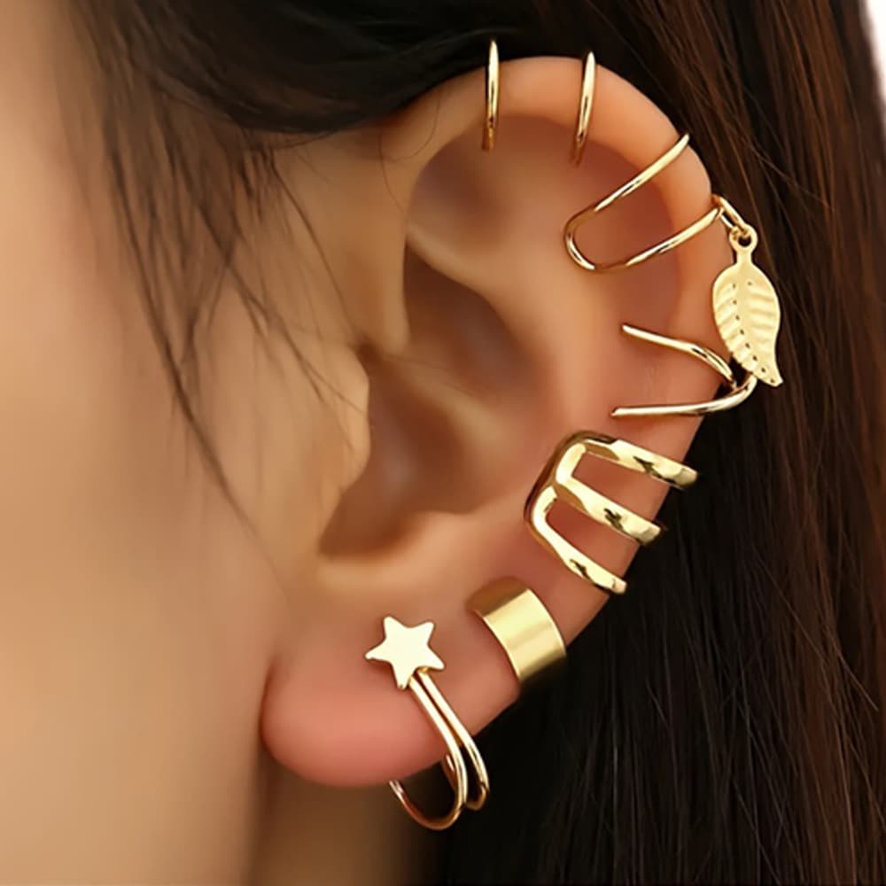 B004 European and American 6-piece set of rhinestone leaves hollow non-perforated cartilage earrings fashion earrings set of ear clips