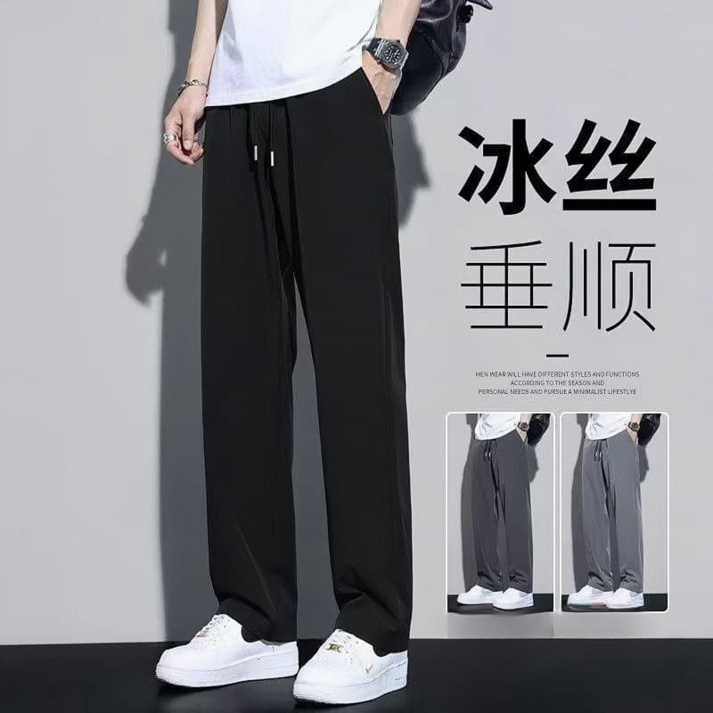 2025 New Summer Ice Silk Stretch Pants Men's Thin Trendy Brand Leg-tie Loose Sports and Casual Pants 2