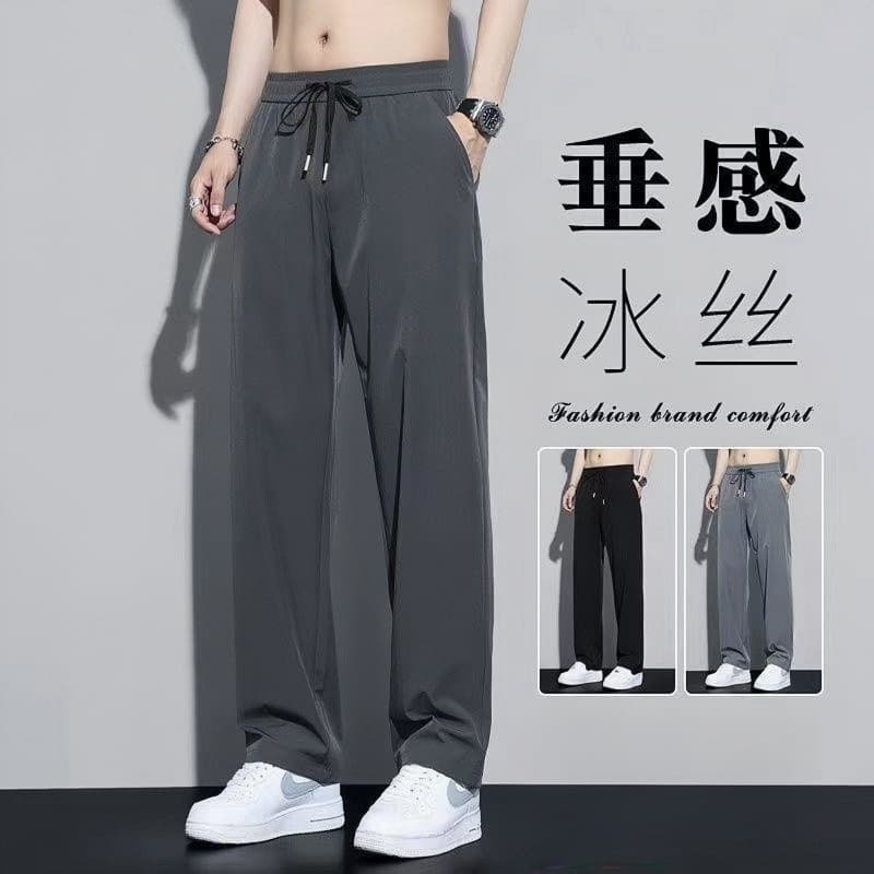 2025 New Summer Ice Silk Stretch Pants Men's Thin Trendy Brand Leg-tie Loose Sports and Casual Pants 3