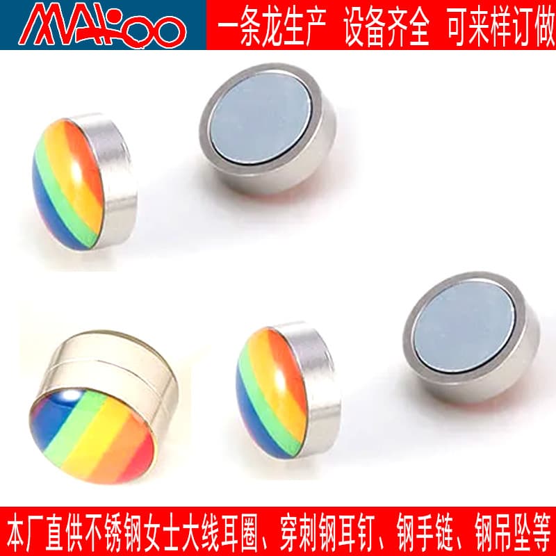 Factory source wholesale cross-border men's and women's rainbow picture magnets fake earrings stainless steel non-pierced ear clip trinkets