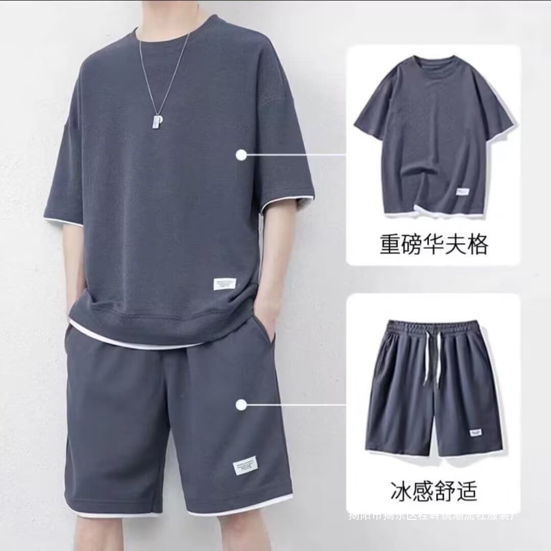 Waffle shorts suit men's summer ice silk short-sleeved men's suit with handsome trendy brand casual sportswear 2