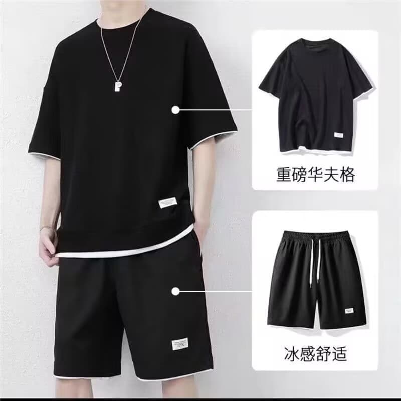 Waffle shorts suit men's summer ice silk short-sleeved men's suit with handsome trendy brand casual sportswear 3