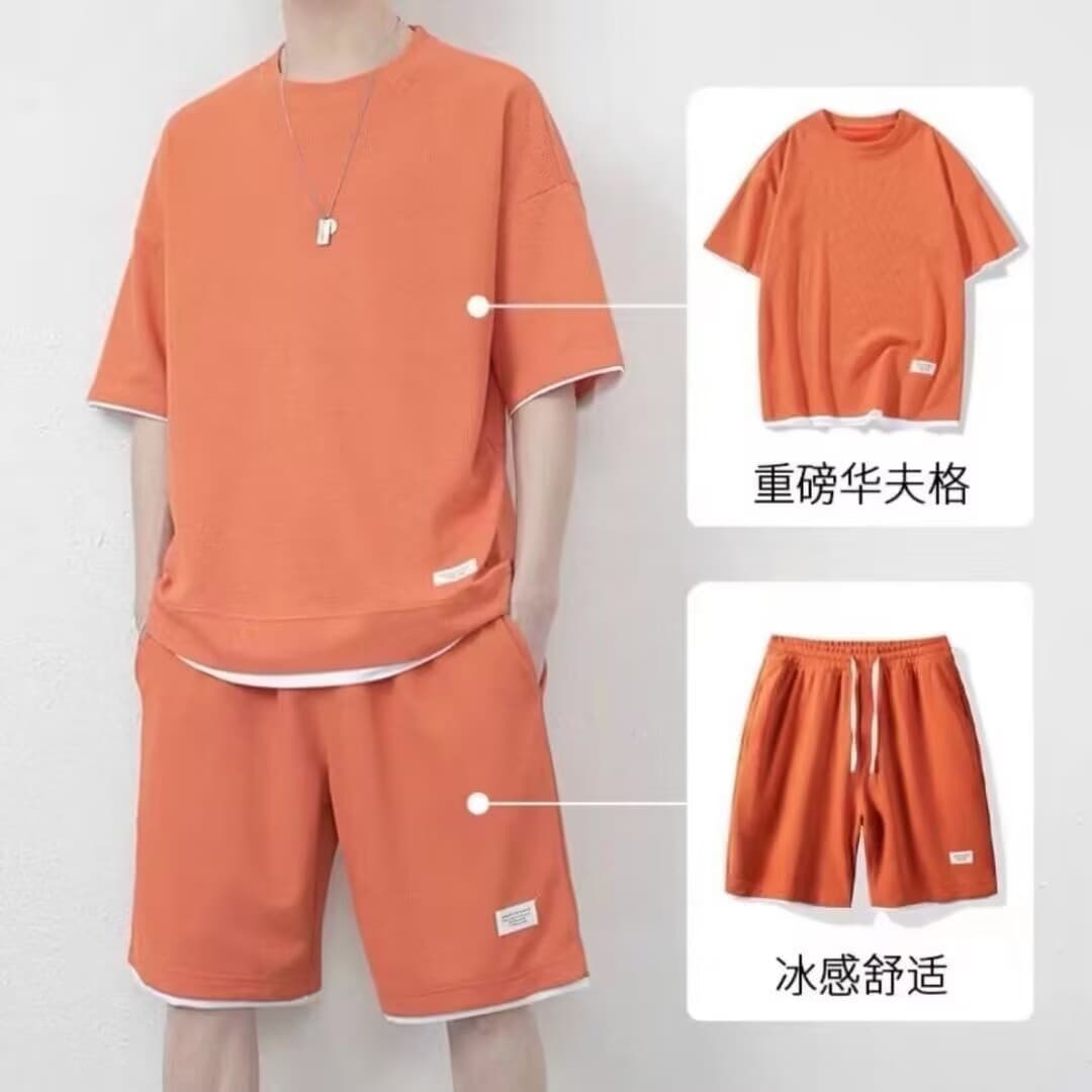 Waffle shorts suit men's summer ice silk short-sleeved men's suit with handsome trendy brand casual sportswear 7