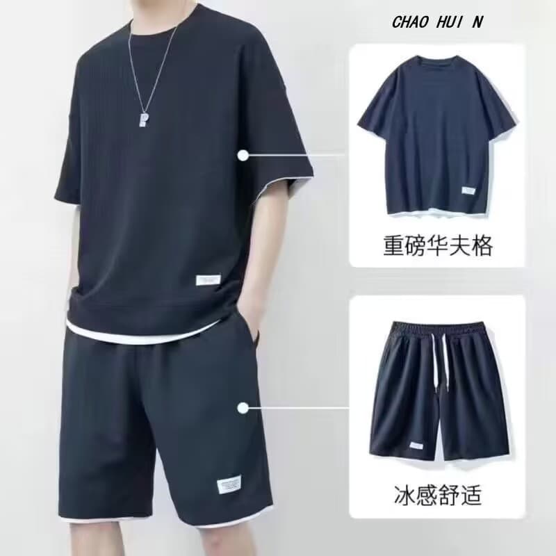 Waffle shorts suit men's summer ice silk short-sleeved men's suit with handsome trendy brand casual sportswear 8