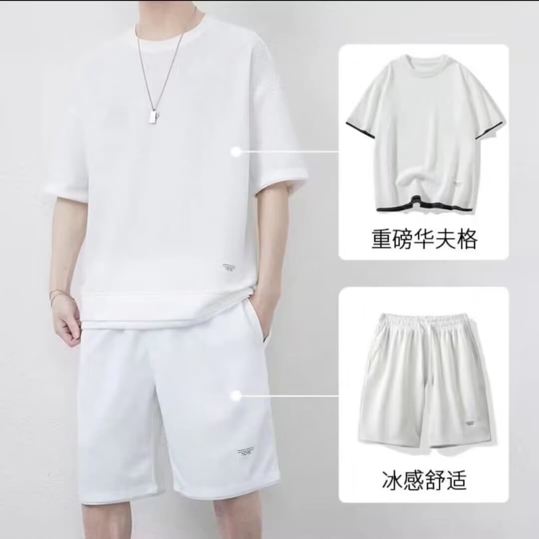 Waffle shorts suit men's summer ice silk short-sleeved men's suit with handsome trendy brand casual sportswear 10