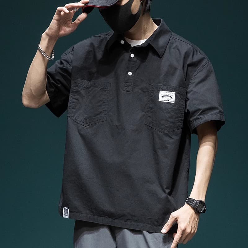 Japanese workwear short-sleeved shirt men's summer new loose large size polo shirt top trendy casual men's half-sleeved 3