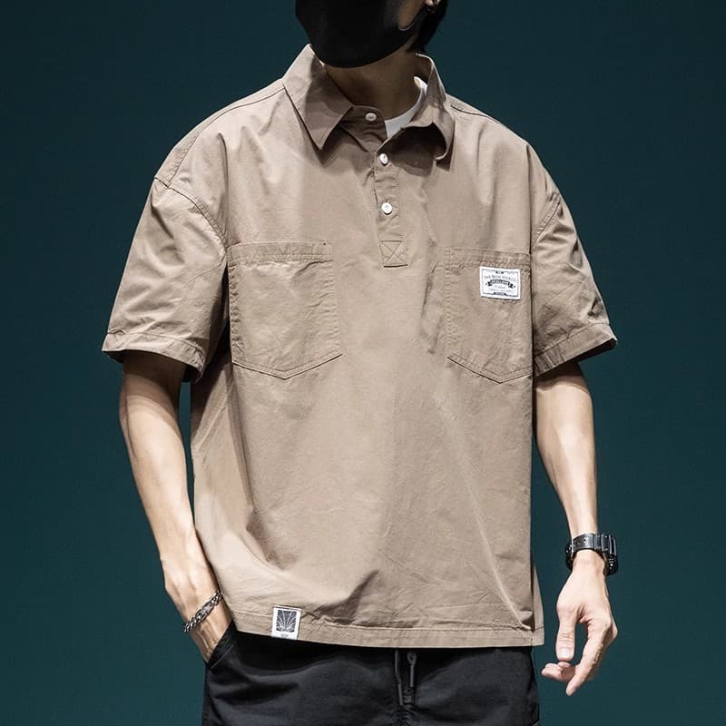 Japanese workwear short-sleeved shirt men's summer new loose large size polo shirt top trendy casual men's half-sleeved 4