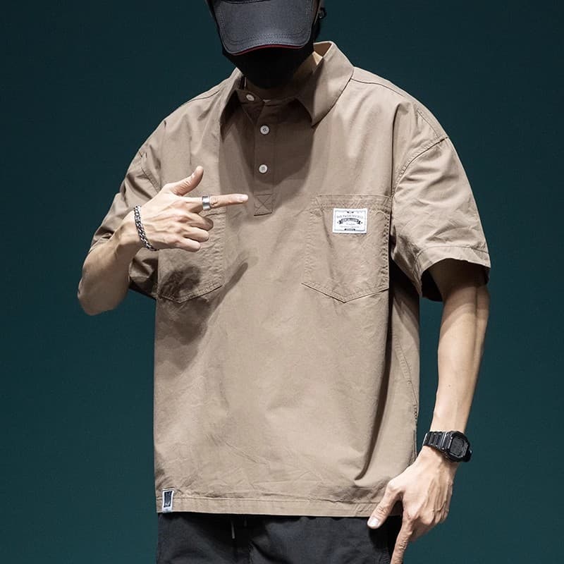 Japanese workwear short-sleeved shirt men's summer new loose large size polo shirt top trendy casual men's half-sleeved 5