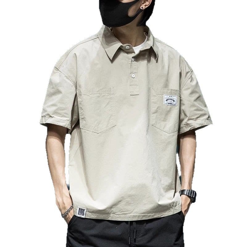 Japanese workwear short-sleeved shirt men's summer new loose large size polo shirt top trendy casual men's half-sleeved 6