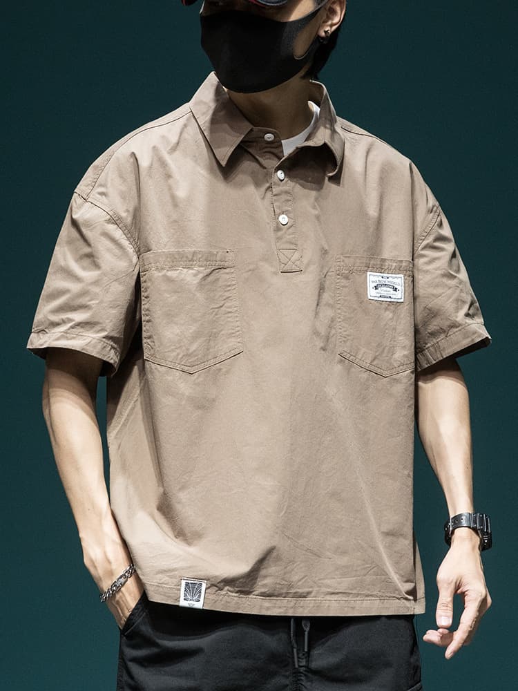 Japanese workwear short-sleeved shirt men's summer new loose large size polo shirt top trendy casual men's half-sleeved 7