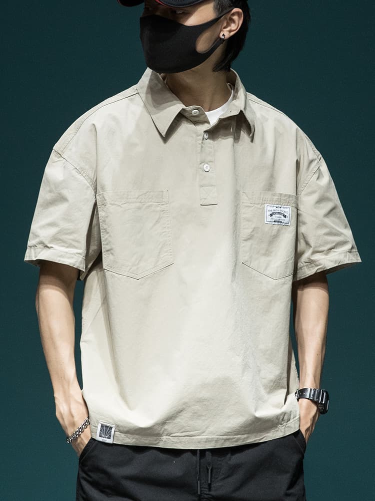 Japanese workwear short-sleeved shirt men's summer new loose large size polo shirt top trendy casual men's half-sleeved 8