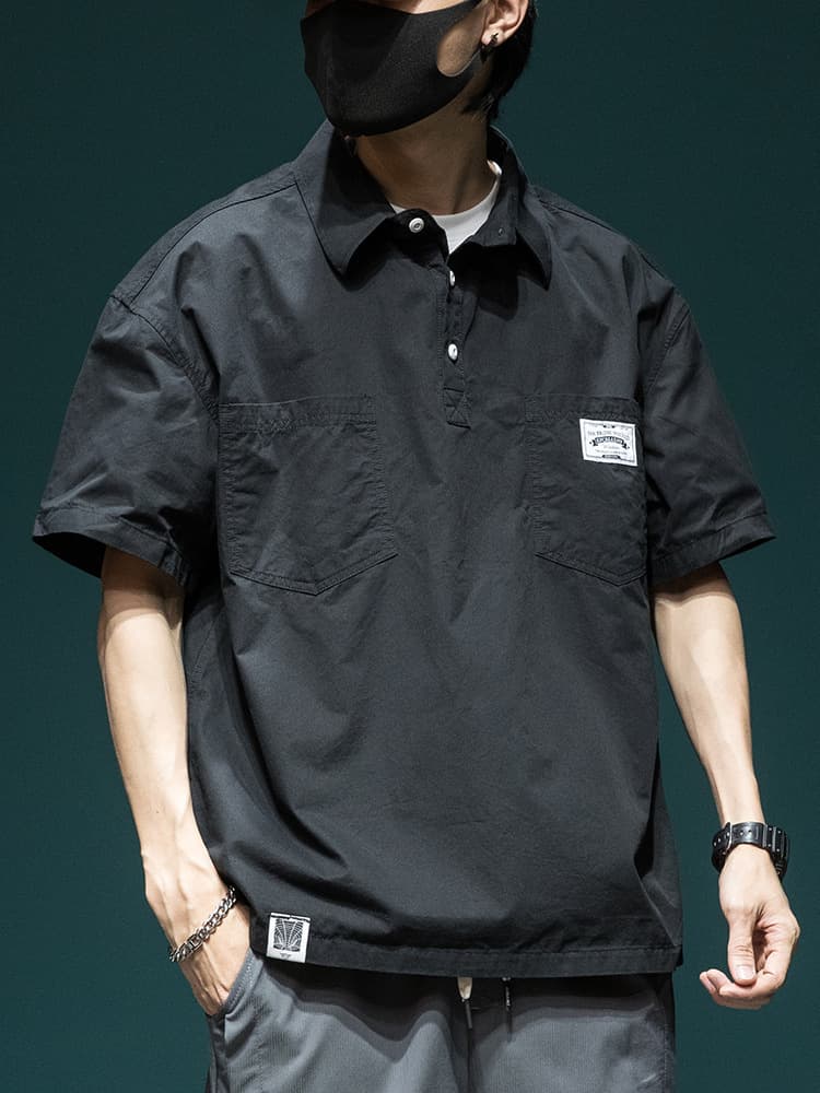 Japanese workwear short-sleeved shirt men's summer new loose large size polo shirt top trendy casual men's half-sleeved 9