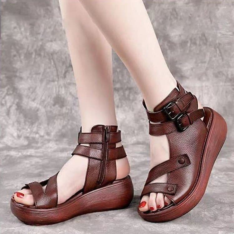 High-heeled fashion women's shoes 2025 summer new Roman shoes for women high-top soft leather wedge sandals thick-soled sandals for women