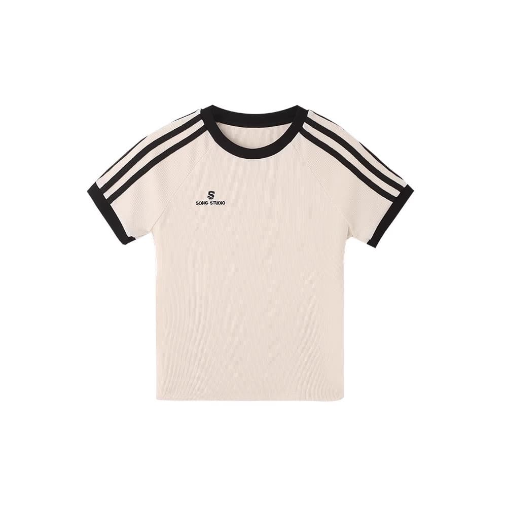 New striped right shoulder short-sleeved t-shirt for women summer design hot girl slim fit white t-shirt short top for women 6