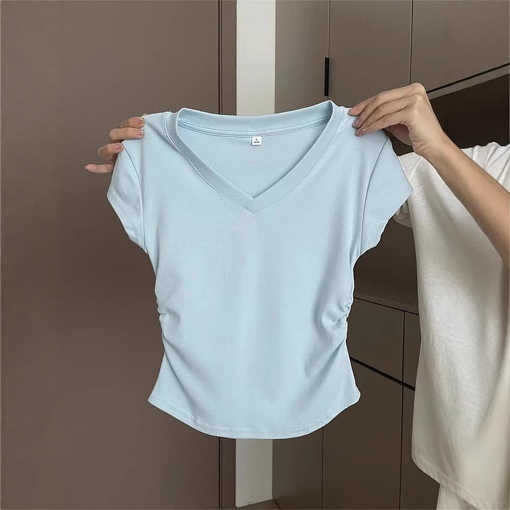 92 Cotton Blue Right Shoulder Short Sleeve T-Shirt Women's Summer Slim Fit Western Style Pleated Waist Short T-shirt Top 2