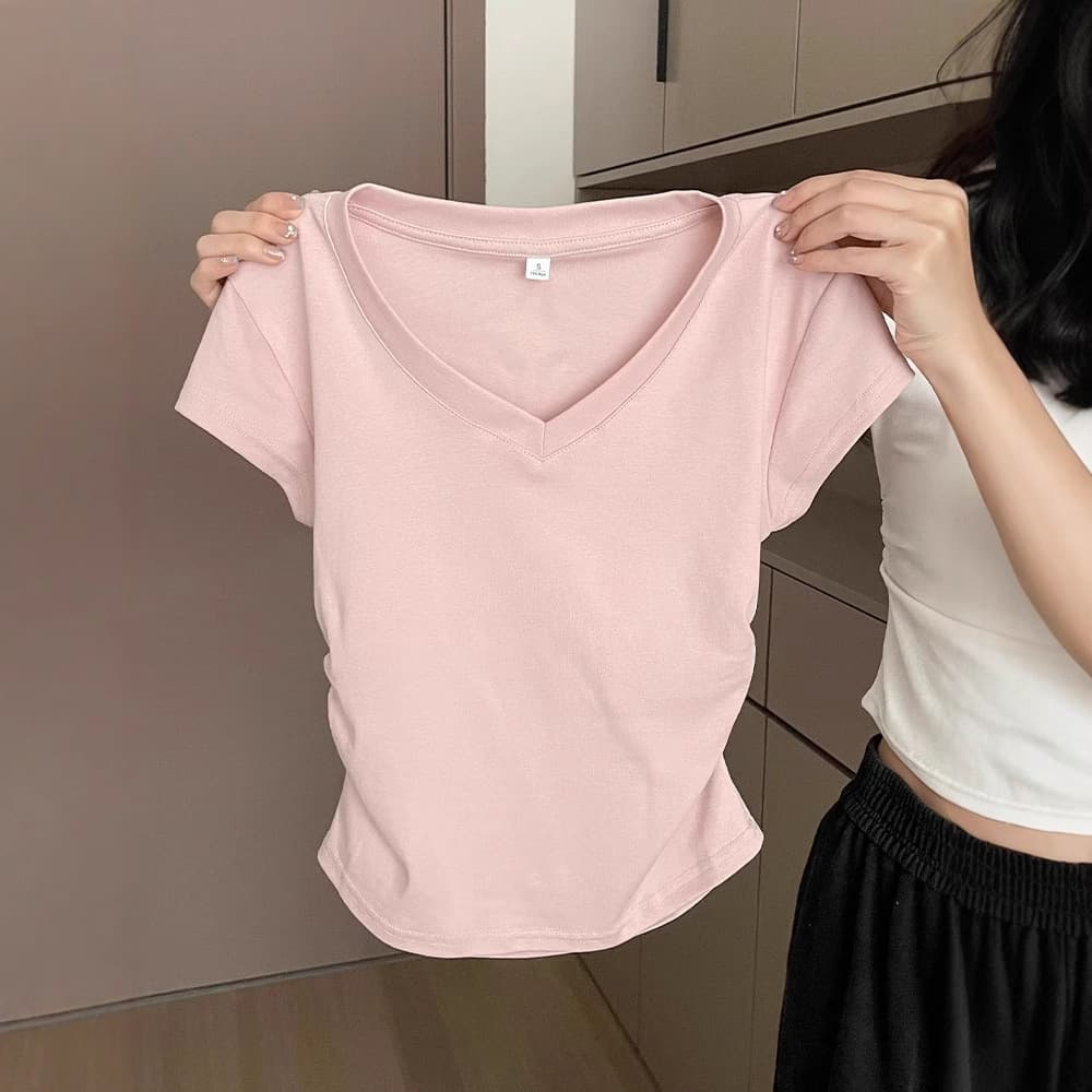 92 Cotton Blue Right Shoulder Short Sleeve T-Shirt Women's Summer Slim Fit Western Style Pleated Waist Short T-shirt Top 3