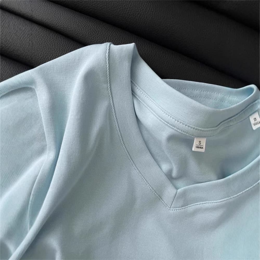 92 Cotton Blue Right Shoulder Short Sleeve T-Shirt Women's Summer Slim Fit Western Style Pleated Waist Short T-shirt Top 4
