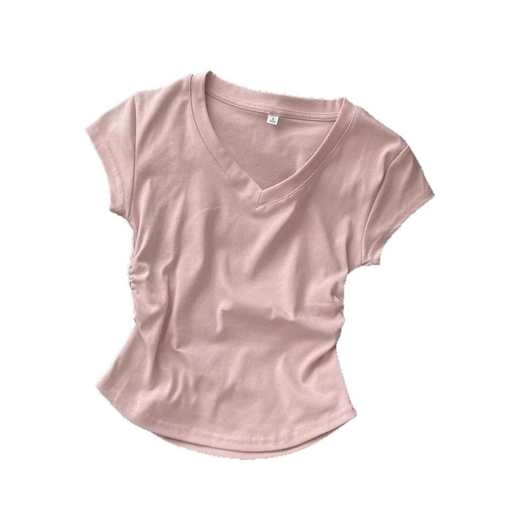 92 Cotton Blue Right Shoulder Short Sleeve T-Shirt Women's Summer Slim Fit Western Style Pleated Waist Short T-shirt Top 6