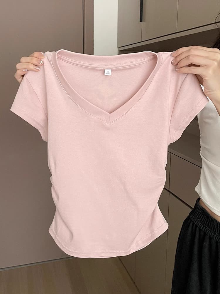 92 Cotton Blue Right Shoulder Short Sleeve T-Shirt Women's Summer Slim Fit Western Style Pleated Waist Short T-shirt Top 7