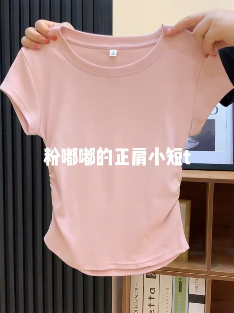 92 Cotton Blue Right Shoulder Short Sleeve T-Shirt Women's Summer Slim Fit Western Style Pleated Waist Short T-shirt Top 8