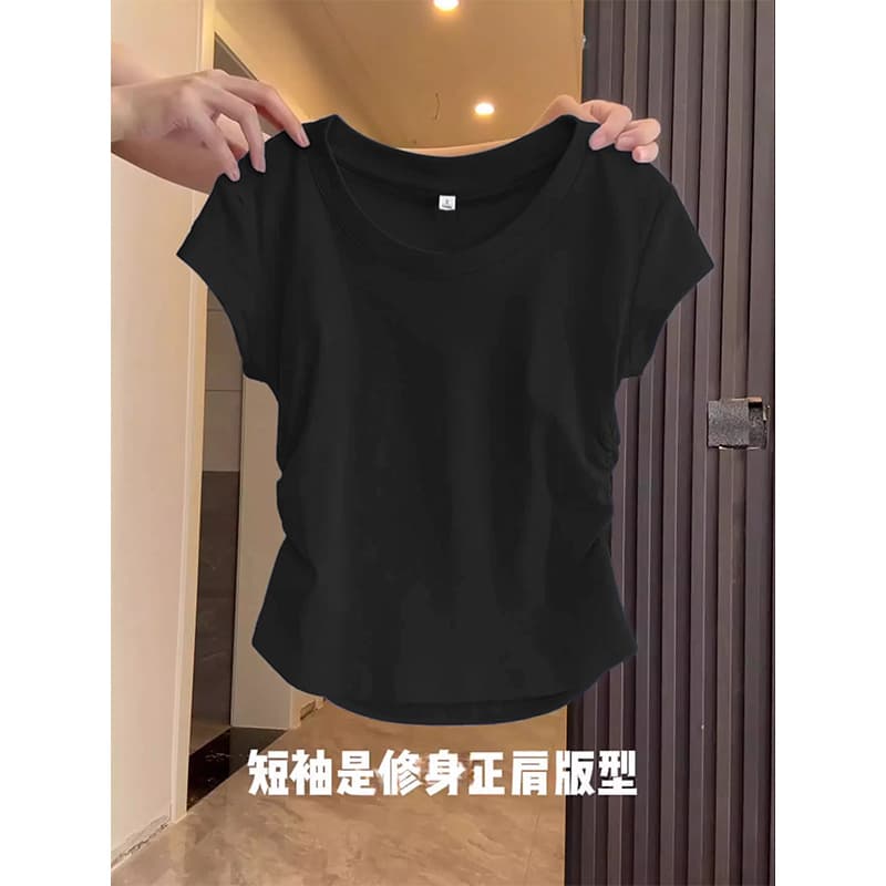 92 Cotton Blue Right Shoulder Short Sleeve T-Shirt Women's Summer Slim Fit Western Style Pleated Waist Short T-shirt Top 9