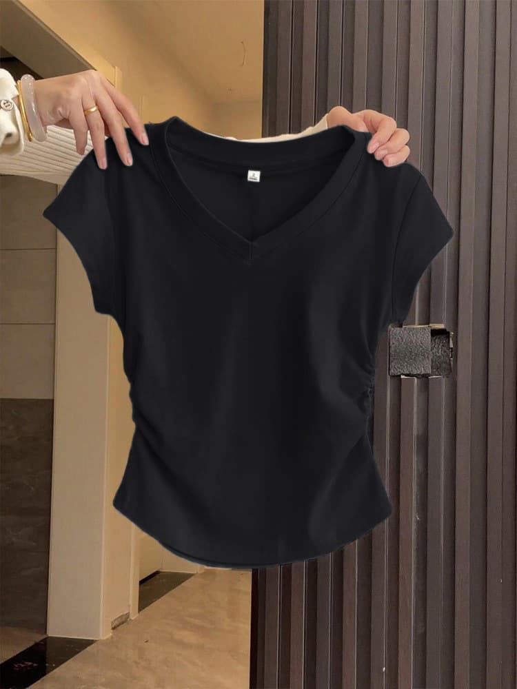 92 Cotton Blue Right Shoulder Short Sleeve T-Shirt Women's Summer Slim Fit Western Style Pleated Waist Short T-shirt Top 10
