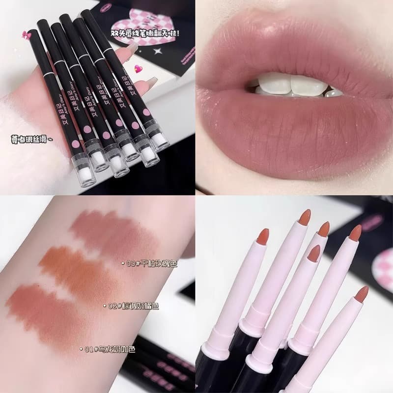 Double-ended lip liner lip brush two-in-one waterproof long-lasting non-stick cup naturally outlines lip shape nude lipstick pen lipstick 3