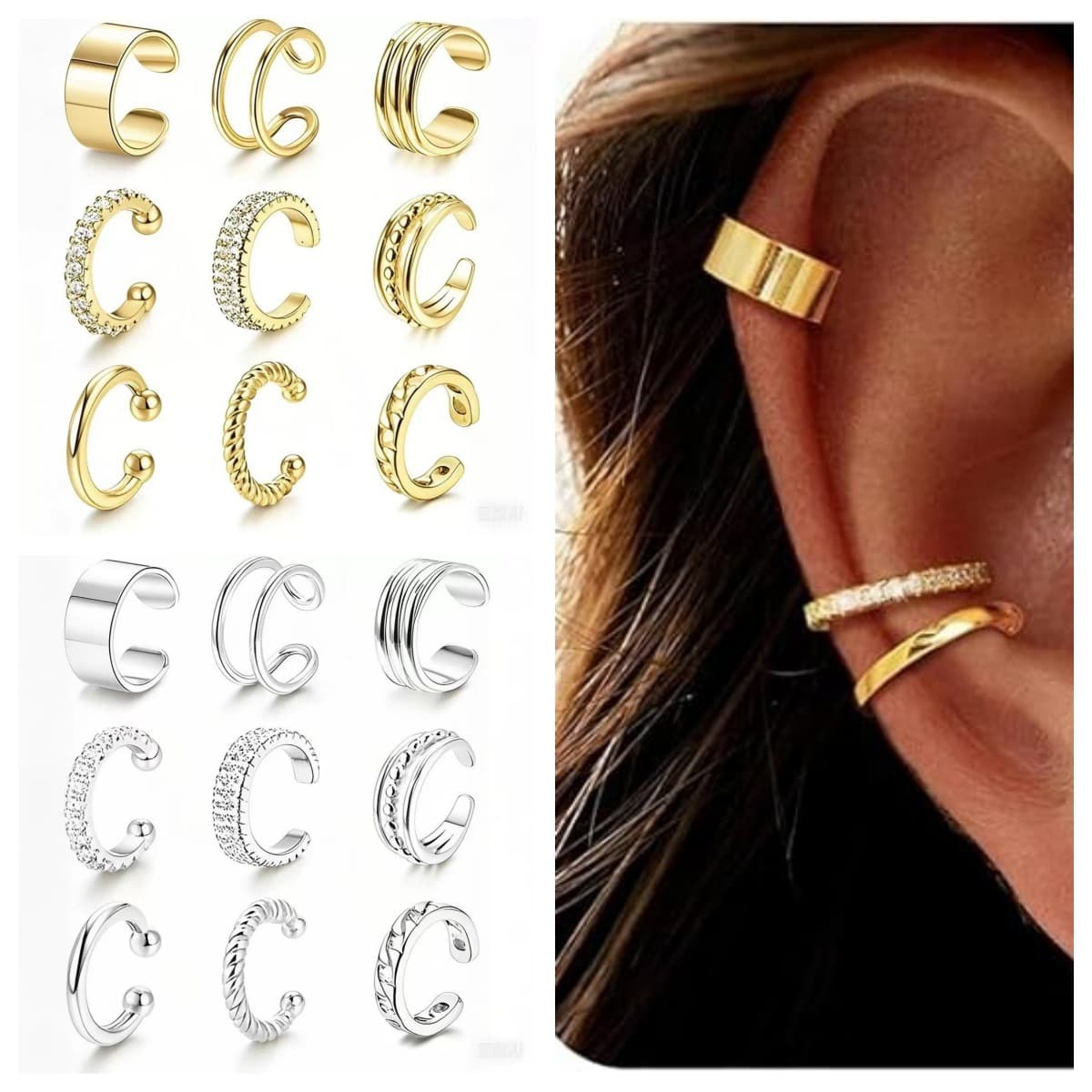 Amazon's best-selling non-perforated 9-piece set of ear clips silver round hoop type non-perforated ear clips adjustable ear bone clips 2