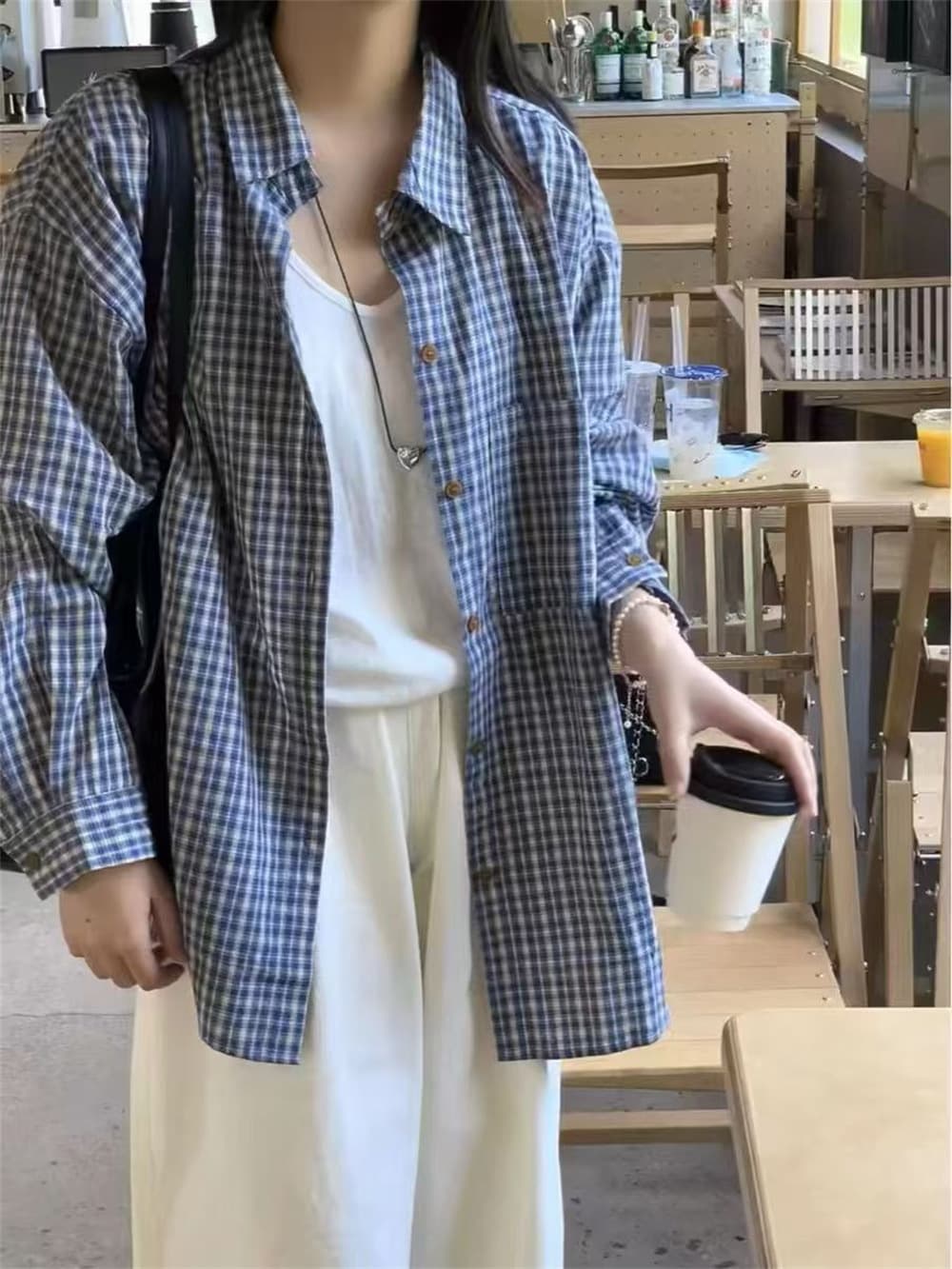 Retro blue long-sleeved plaid shirt for women early autumn lazy style top casual plaid jacket loose outer shirt 3