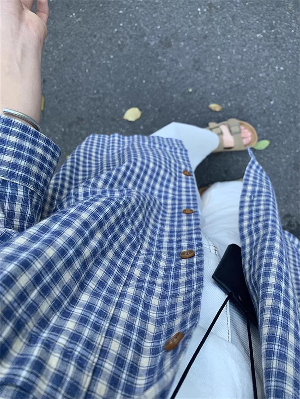 Retro blue long-sleeved plaid shirt for women early autumn lazy style top casual plaid jacket loose outer shirt 4