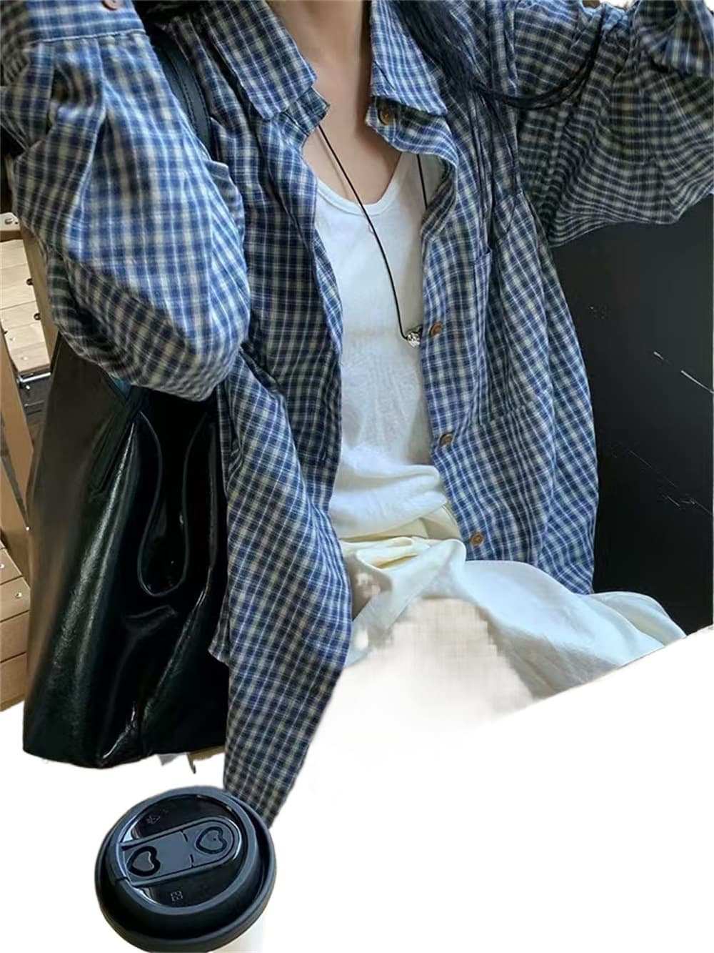 Retro blue long-sleeved plaid shirt for women early autumn lazy style top casual plaid jacket loose outer shirt 6