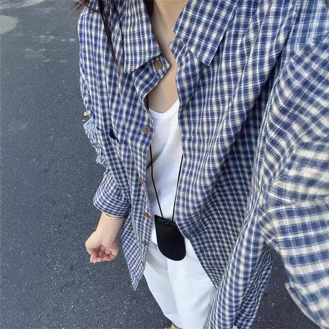 Retro blue long-sleeved plaid shirt for women early autumn lazy style top casual plaid jacket loose outer shirt 7