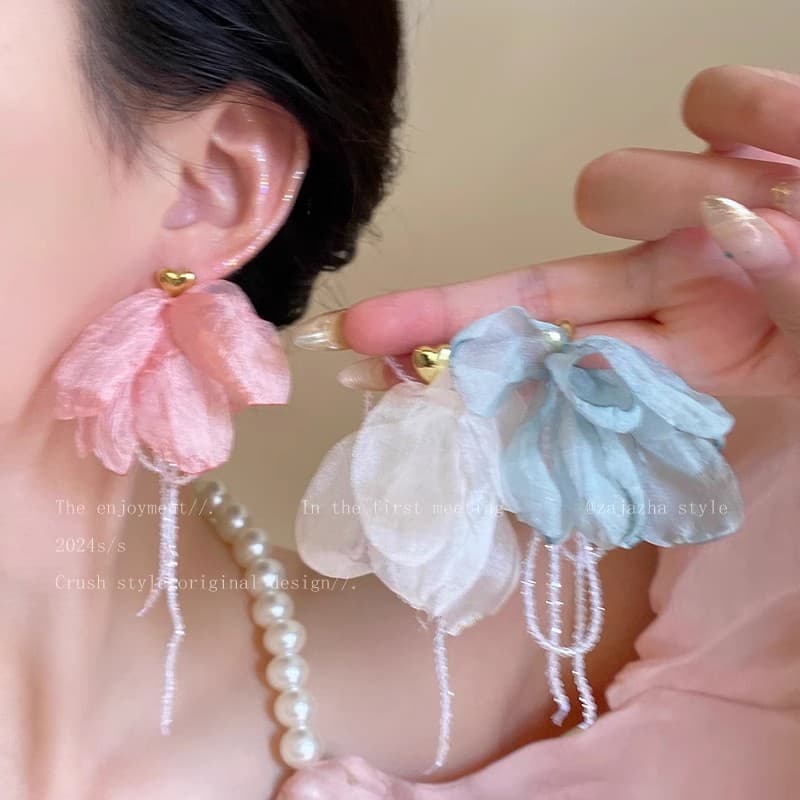Silver needle fabric flower pendant earrings summer seaside resort style earrings forest style fresh and sweet earrings for women wholesale 5