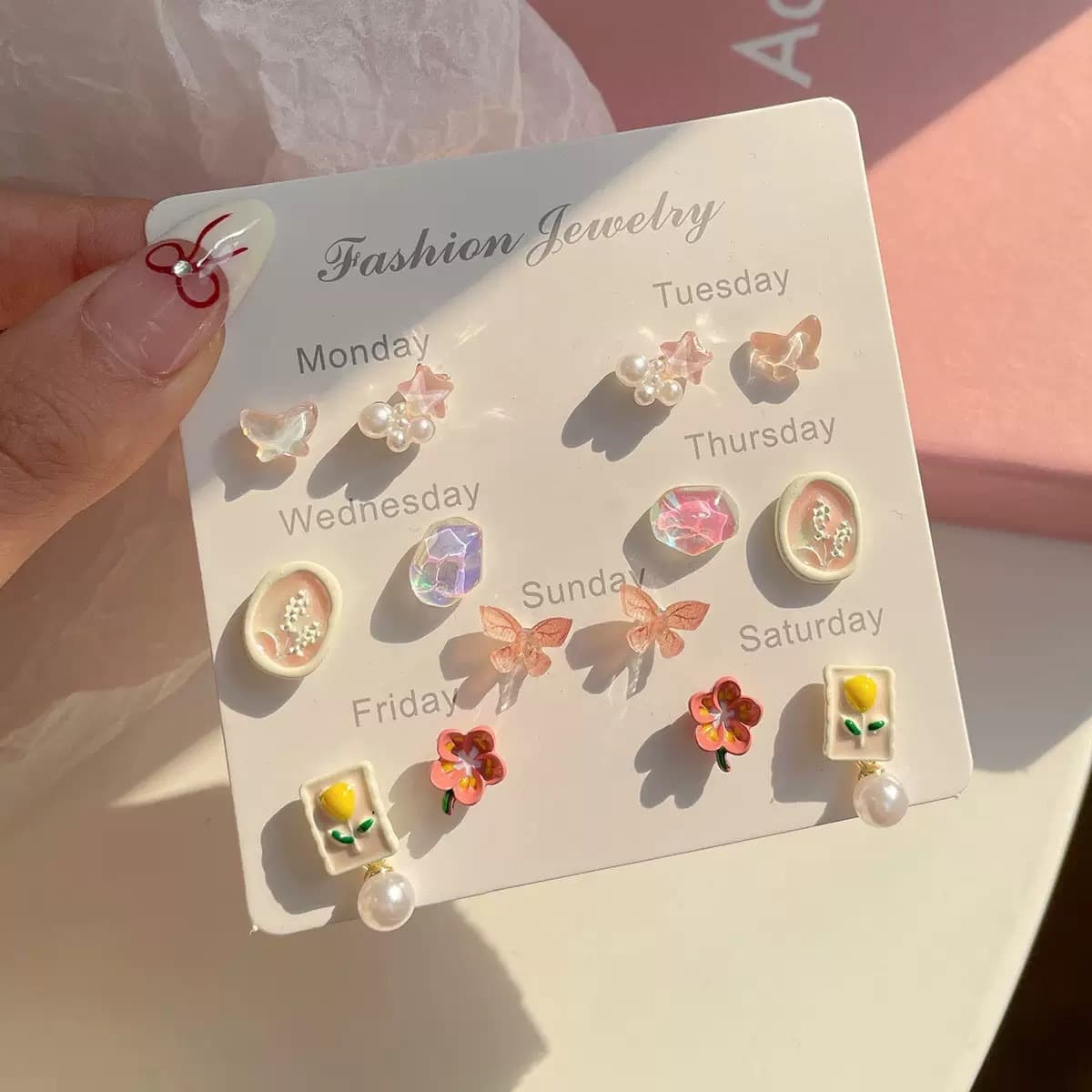 Sweet Flower Butterfly Earring Set One Week Combination Tulip Quality Versatile Pearl Meteorite Exquisite Women's Earrings