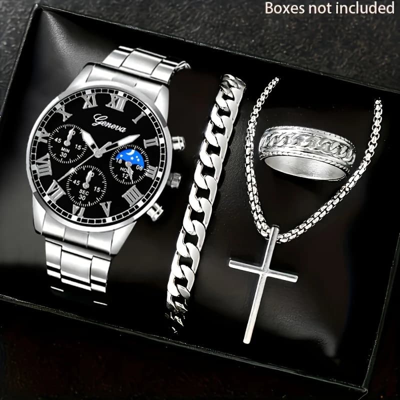 Cross-border popular watch set fake three-eye watch men's steel band glass quartz watch business high-end men's watch 7